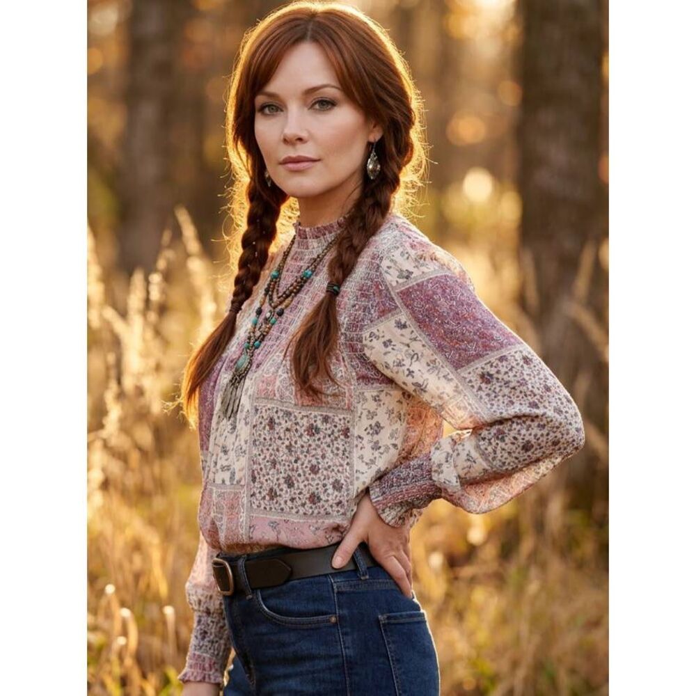 🔹️Living Doll Cream & Gold Metal Floral Print Patchwork Long Sleeve Top Medium